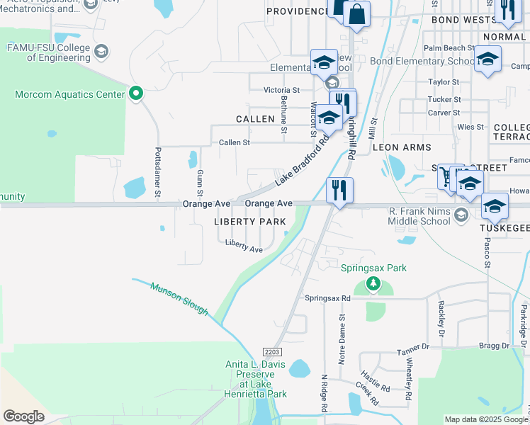 map of restaurants, bars, coffee shops, grocery stores, and more near 1401-1403 West Orange Avenue in Tallahassee
