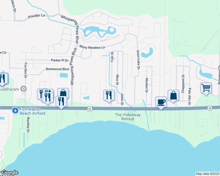 map of restaurants, bars, coffee shops, grocery stores, and more near 2180 Jeannie Street in Navarre