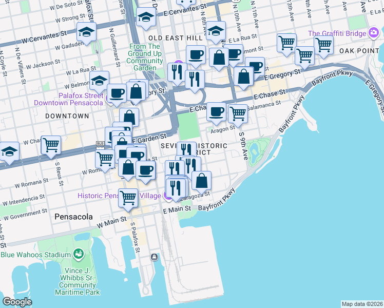 map of restaurants, bars, coffee shops, grocery stores, and more near 432 East Romana Street in Pensacola