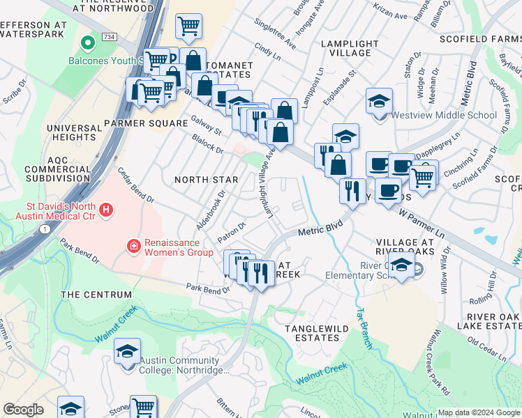 map of restaurants, bars, coffee shops, grocery stores, and more near 12345 Lamplight Village Avenue in Austin