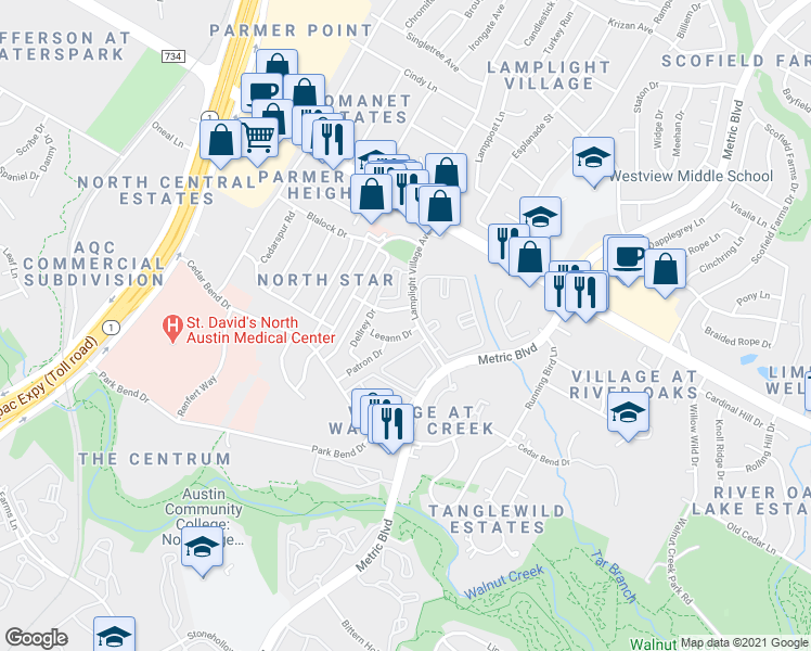map of restaurants, bars, coffee shops, grocery stores, and more near 12345 Lamplight Village Avenue in Austin