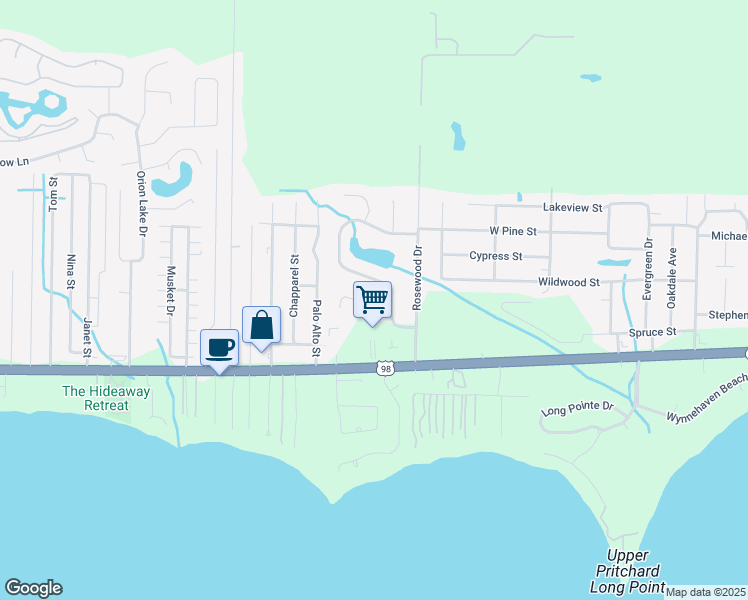 map of restaurants, bars, coffee shops, grocery stores, and more near 10048 Via Grande in Navarre