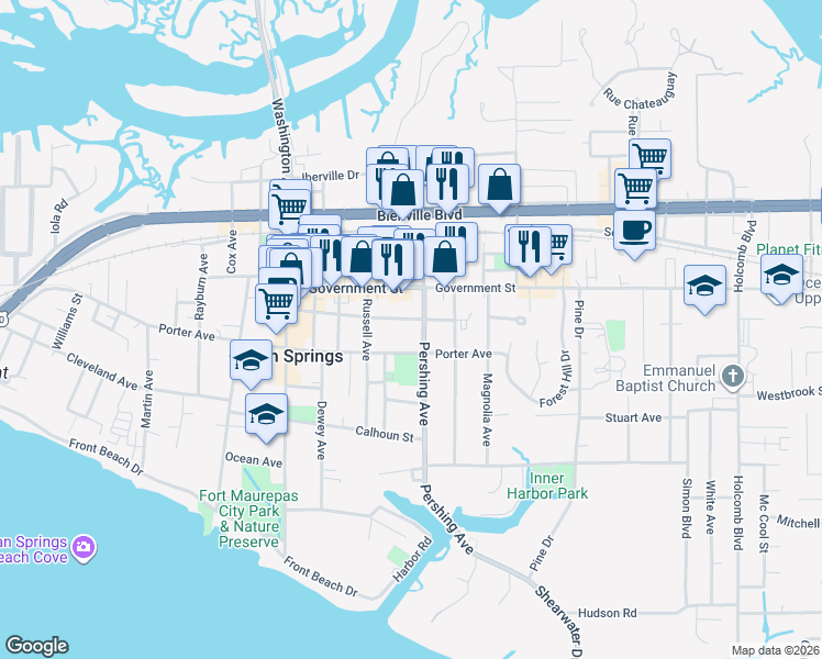 map of restaurants, bars, coffee shops, grocery stores, and more near 1410 Bowen Avenue in Ocean Springs