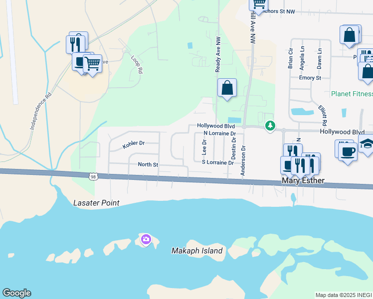 map of restaurants, bars, coffee shops, grocery stores, and more near 121 Scottsdale Court in Mary Esther