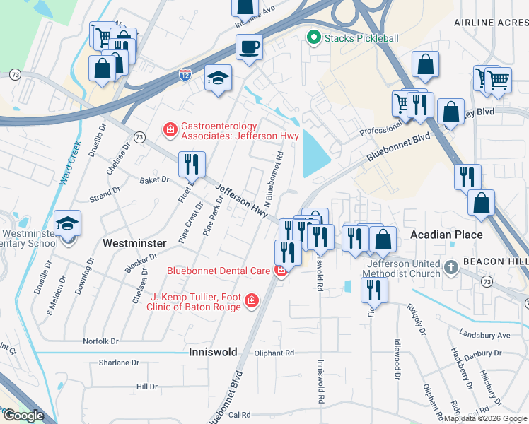 map of restaurants, bars, coffee shops, grocery stores, and more near Jefferson Hwy & Bluebonnet Rd in Baton Rouge
