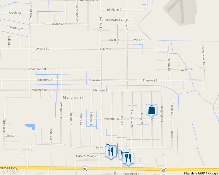 map of restaurants, bars, coffee shops, grocery stores, and more near 7558 Manatee St in Gulf Breeze