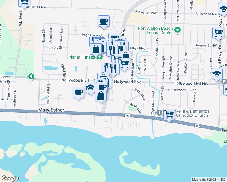 map of restaurants, bars, coffee shops, grocery stores, and more near 151 Mary Esther Boulevard in Shalimar
