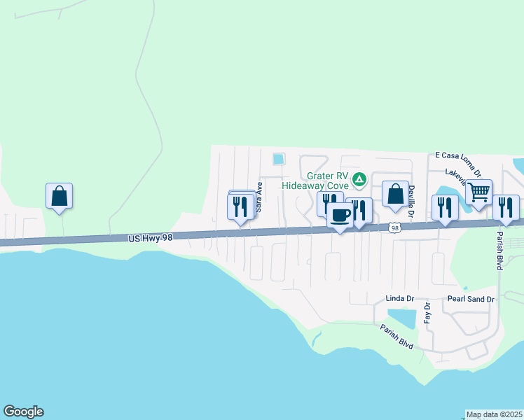 map of restaurants, bars, coffee shops, grocery stores, and more near 465 Sara Avenue in Mary Esther