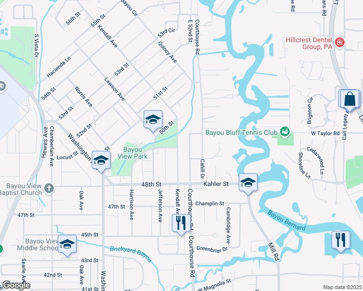map of restaurants, bars, coffee shops, grocery stores, and more near 4901-4979 Kendall Avenue in Gulfport