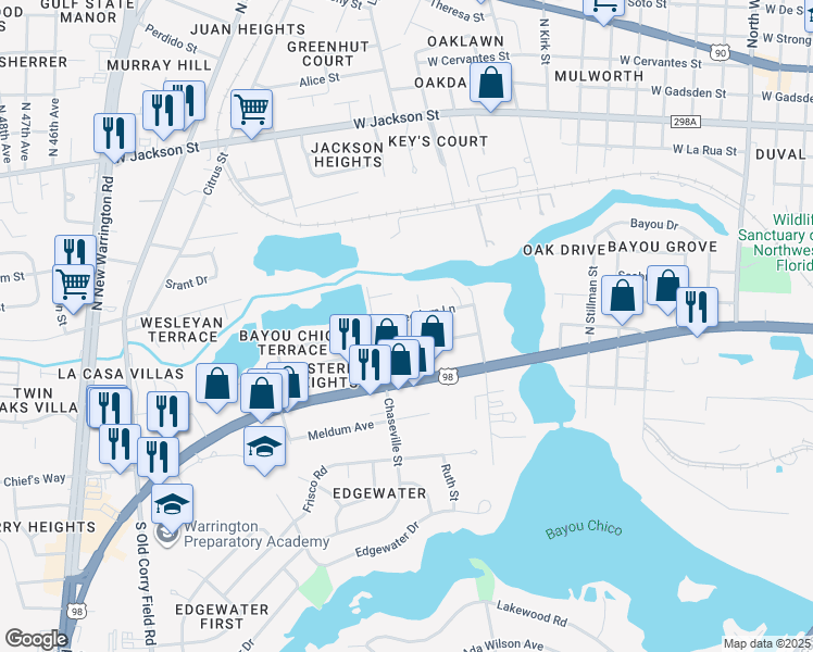map of restaurants, bars, coffee shops, grocery stores, and more near 309 Freedom Lane in Pensacola