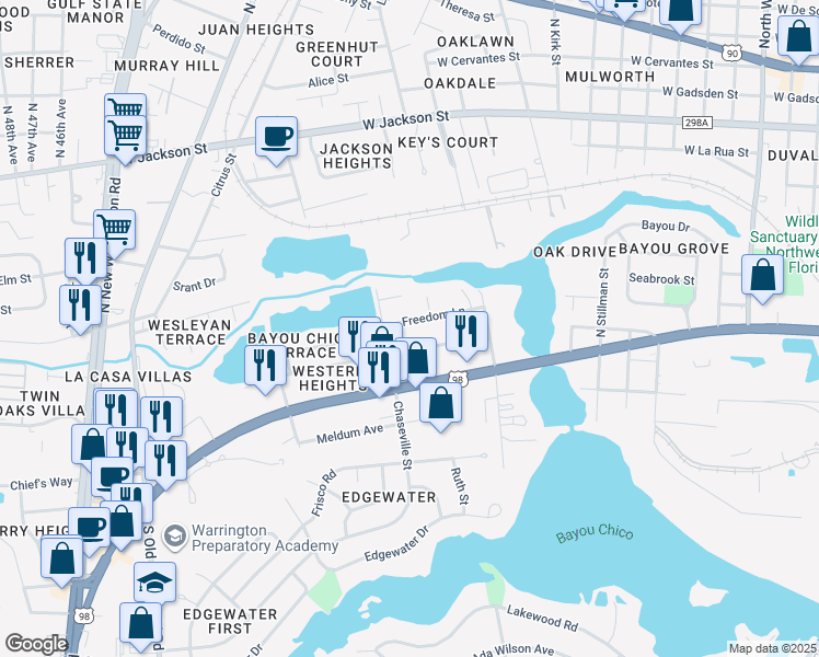 map of restaurants, bars, coffee shops, grocery stores, and more near 309 Freedom Lane in Pensacola