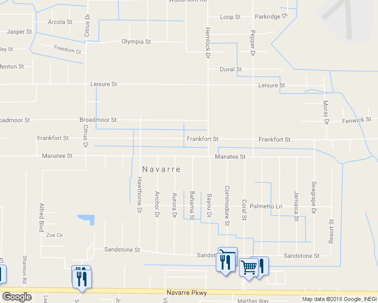 map of restaurants, bars, coffee shops, grocery stores, and more near 7490 Manatee Street in Navarre
