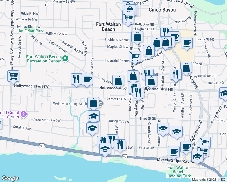 map of restaurants, bars, coffee shops, grocery stores, and more near 24 Hollywood Boulevard Northwest in Fort Walton Beach