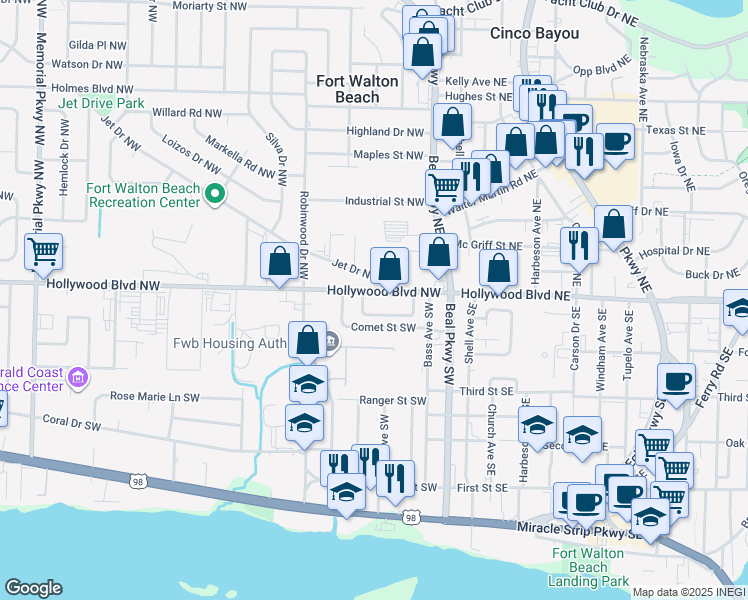 map of restaurants, bars, coffee shops, grocery stores, and more near 24 Hollywood Boulevard Northwest in Fort Walton Beach