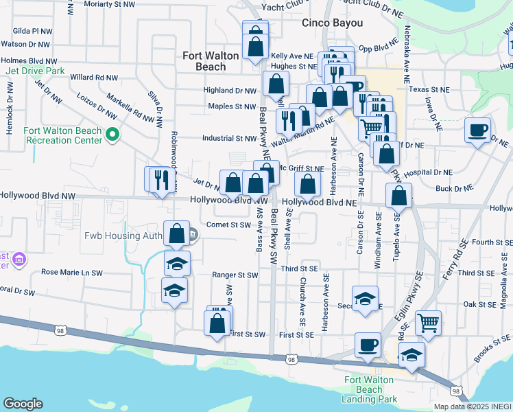 map of restaurants, bars, coffee shops, grocery stores, and more near 8 Hollywood Boulevard Northwest in Fort Walton Beach
