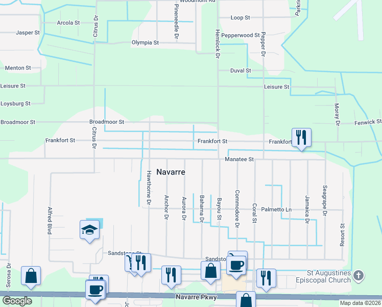 map of restaurants, bars, coffee shops, grocery stores, and more near 7490 Manatee Street in Navarre