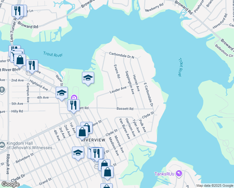 map of restaurants, bars, coffee shops, grocery stores, and more near 1666 Lauder Avenue in Jacksonville