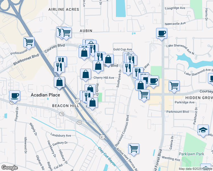 map of restaurants, bars, coffee shops, grocery stores, and more near 10846 Leton Drive in Baton Rouge