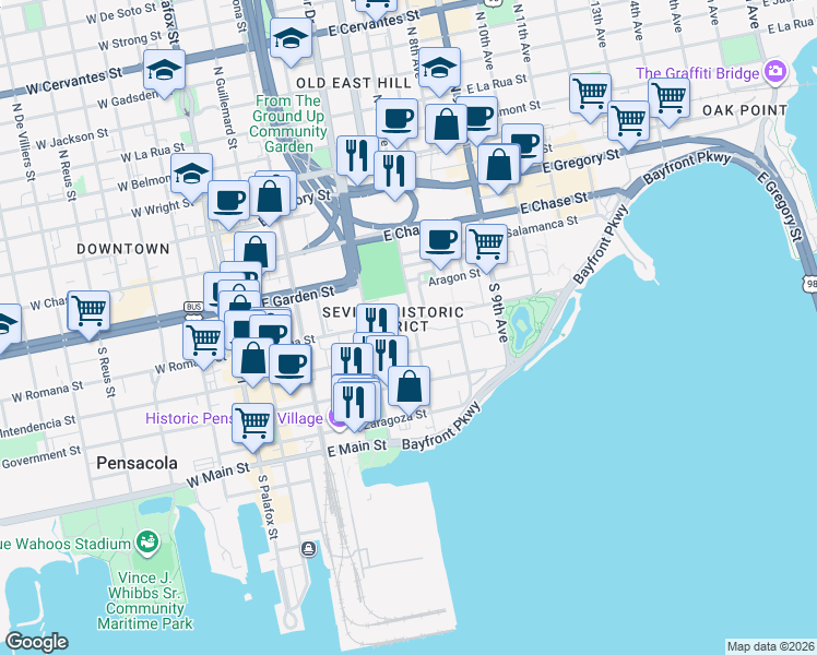 map of restaurants, bars, coffee shops, grocery stores, and more near 432 East Romana Street in Pensacola