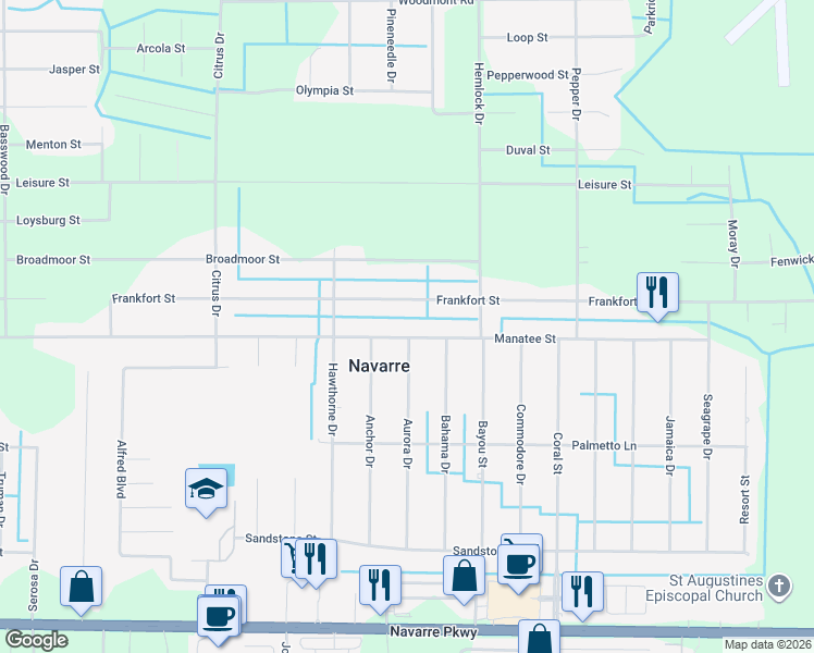 map of restaurants, bars, coffee shops, grocery stores, and more near 7450 Manatee Street in Navarre