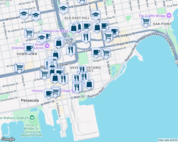 map of restaurants, bars, coffee shops, grocery stores, and more near 105 South Florida Blanca Street in Pensacola