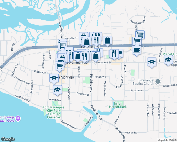map of restaurants, bars, coffee shops, grocery stores, and more near 1410 Bowen Avenue in Ocean Springs