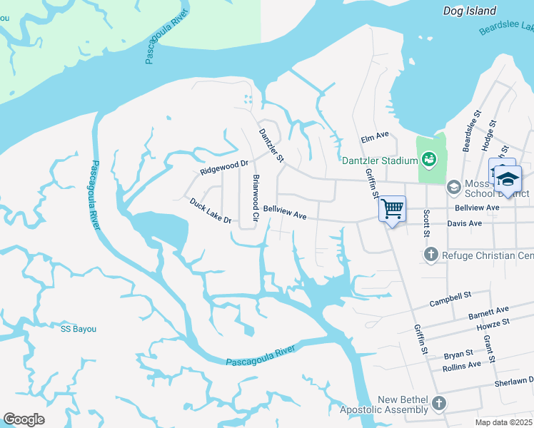 map of restaurants, bars, coffee shops, grocery stores, and more near 2806 Bellview Avenue in Moss Point