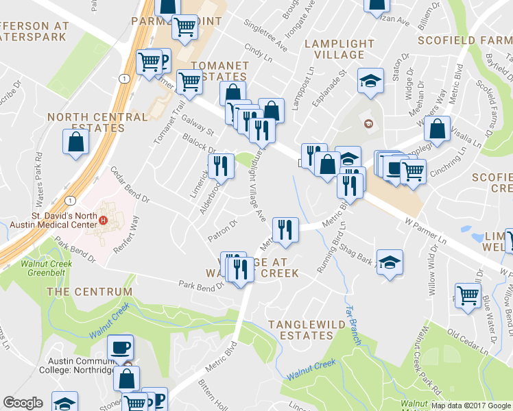 map of restaurants, bars, coffee shops, grocery stores, and more near 12345 Lamplight Village Avenue in Austin
