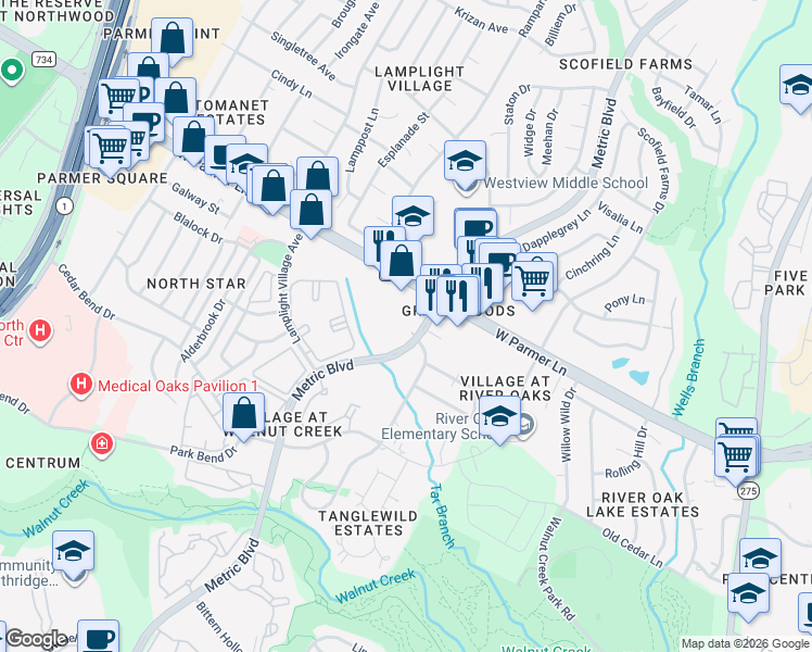 map of restaurants, bars, coffee shops, grocery stores, and more near 12430 Metric Boulevard in Austin