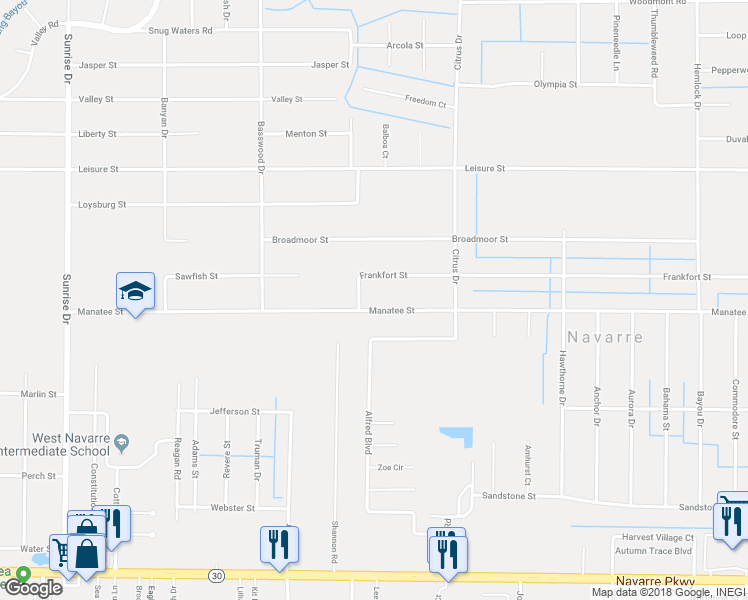 map of restaurants, bars, coffee shops, grocery stores, and more near 7192 Manatee Street in Navarre