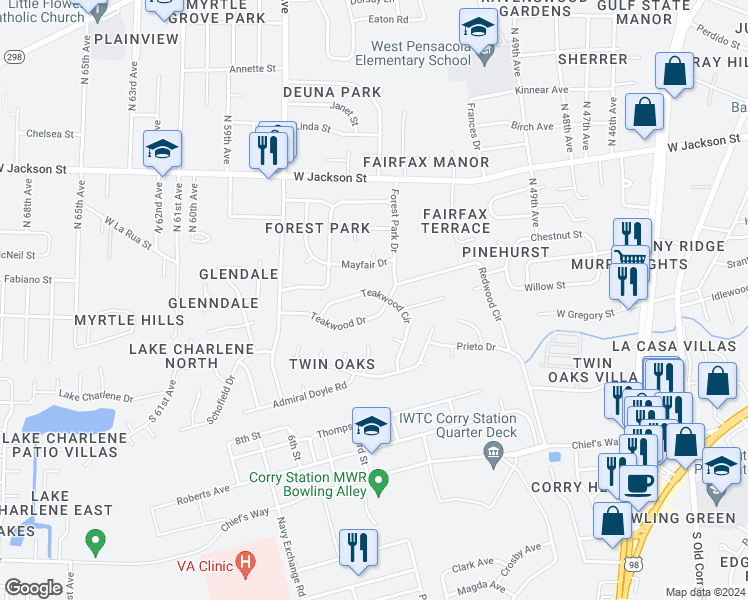 map of restaurants, bars, coffee shops, grocery stores, and more near 3 Teakwood Circle in Pensacola