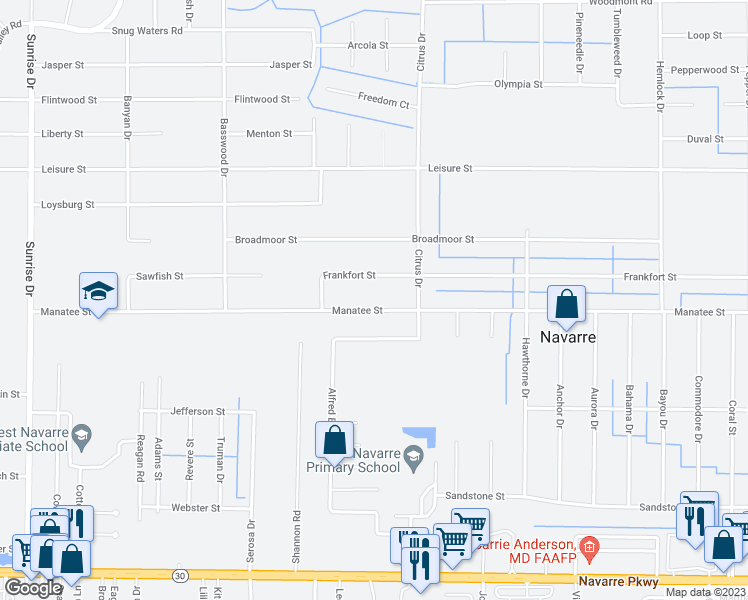 map of restaurants, bars, coffee shops, grocery stores, and more near 7232 Manatee Street in Navarre