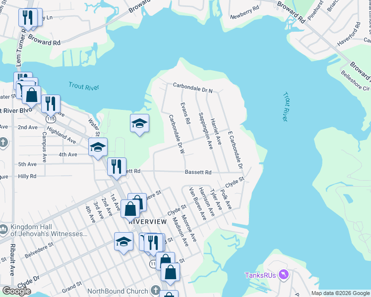 map of restaurants, bars, coffee shops, grocery stores, and more near 1666 Lauder Avenue in Jacksonville