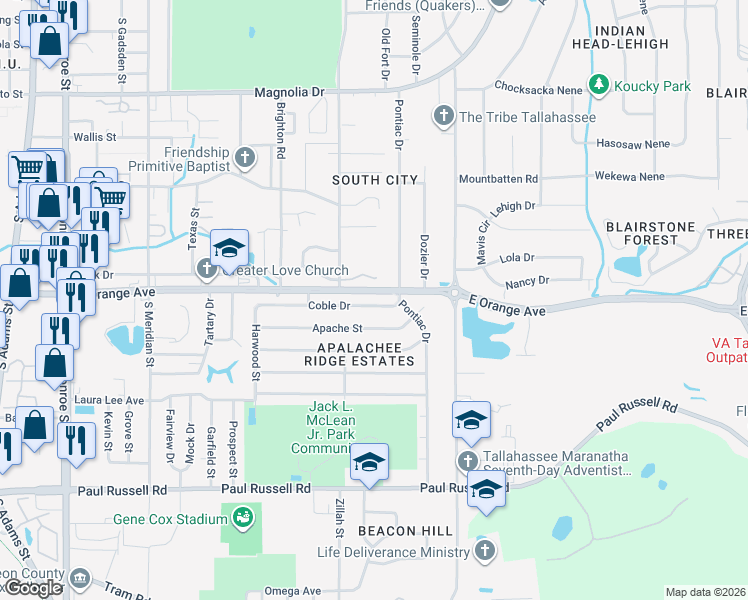 map of restaurants, bars, coffee shops, grocery stores, and more near 918 Coble Drive in Tallahassee