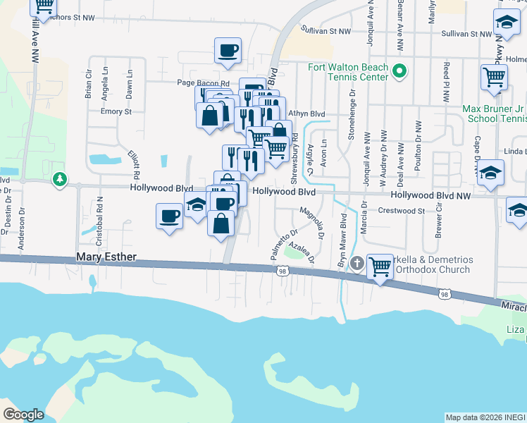 map of restaurants, bars, coffee shops, grocery stores, and more near 8 Caswell Circle in Mary Esther