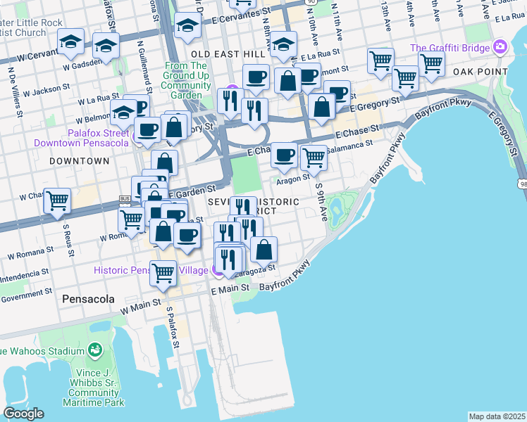 map of restaurants, bars, coffee shops, grocery stores, and more near 432 East Romana Street in Pensacola