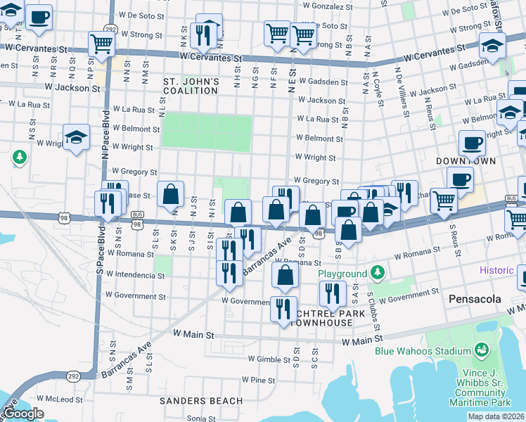 map of restaurants, bars, coffee shops, grocery stores, and more near 1317 West Chase Street in Pensacola
