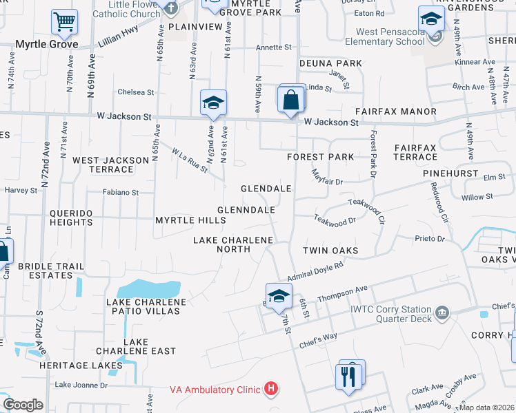 map of restaurants, bars, coffee shops, grocery stores, and more near 5900 Kendall Avenue in Pensacola