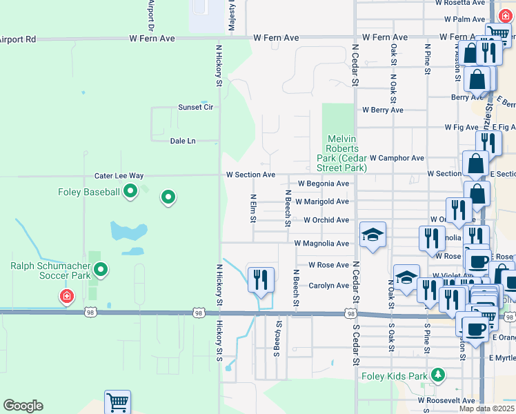map of restaurants, bars, coffee shops, grocery stores, and more near 302 North Elm Street in Foley