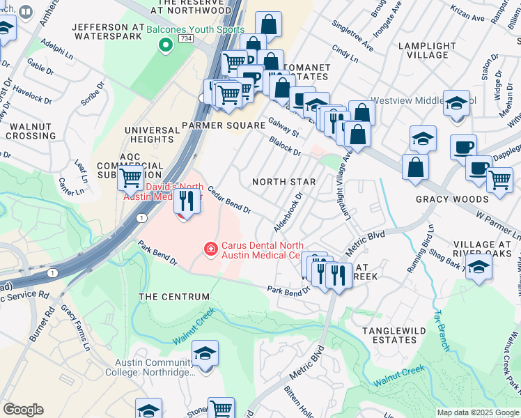 map of restaurants, bars, coffee shops, grocery stores, and more near 2201 Thornwild Pass in Austin
