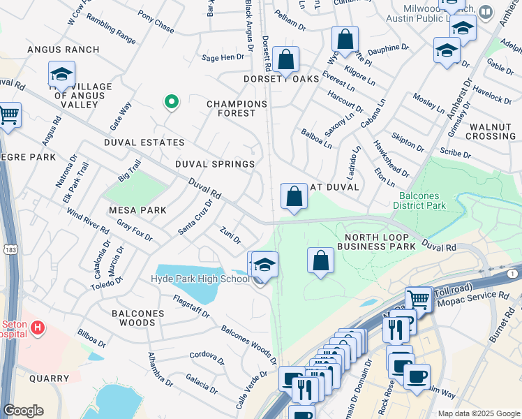 map of restaurants, bars, coffee shops, grocery stores, and more near 4300 Acropolis Court in Austin