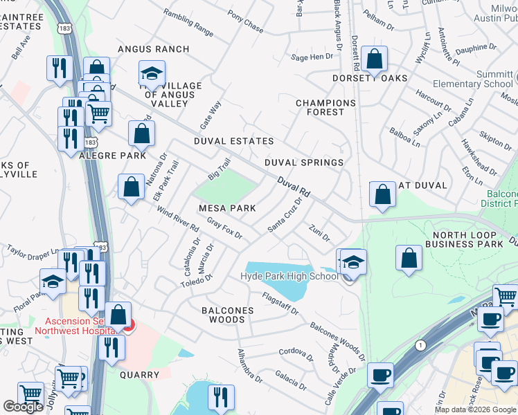 map of restaurants, bars, coffee shops, grocery stores, and more near 11703 Shoshone Drive in Austin