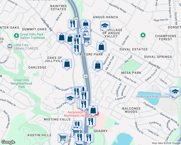 map of restaurants, bars, coffee shops, grocery stores, and more near 7 Angus Road in Austin