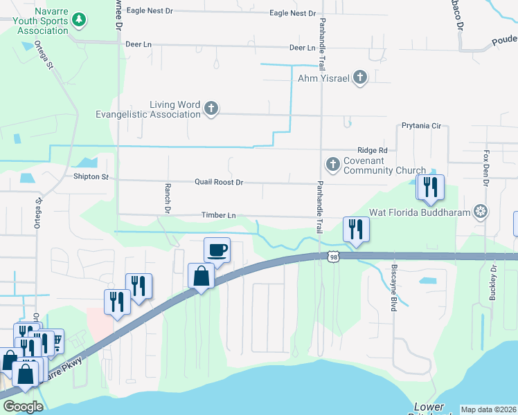 map of restaurants, bars, coffee shops, grocery stores, and more near 9126 Timber Lane in Navarre