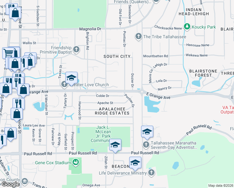 map of restaurants, bars, coffee shops, grocery stores, and more near 918 Coble Drive in Tallahassee