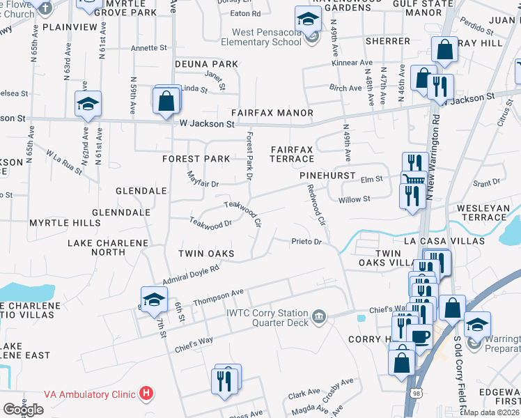 map of restaurants, bars, coffee shops, grocery stores, and more near 4980 Catalina Cir in Pensacola