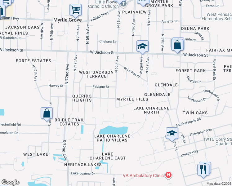 map of restaurants, bars, coffee shops, grocery stores, and more near 46 North 65th Avenue in Pensacola