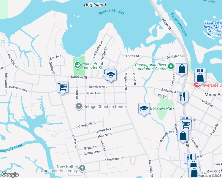 map of restaurants, bars, coffee shops, grocery stores, and more near 3624 Bellview Avenue in Moss Point