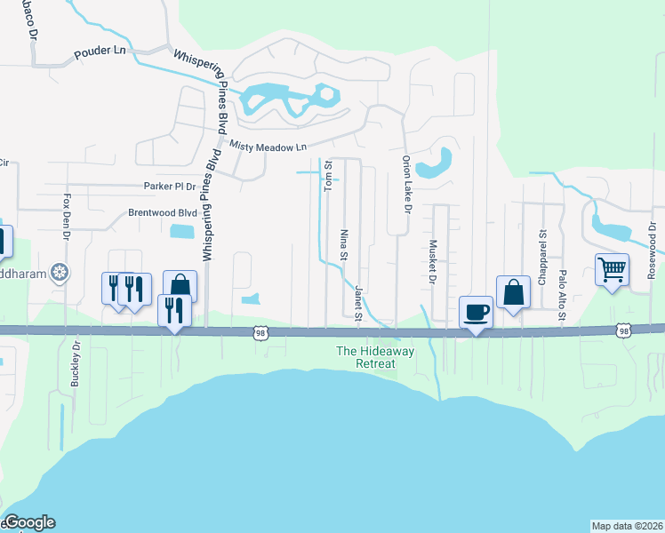 map of restaurants, bars, coffee shops, grocery stores, and more near 2181 Janet Street in Navarre