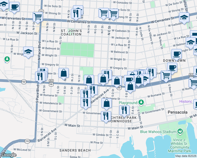 map of restaurants, bars, coffee shops, grocery stores, and more near 1317 West Chase Street in Pensacola